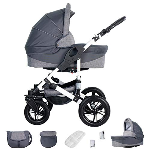Friedrich Hugo PCS_HAMBURG-DE-GUM-LX02 Hamburg, 3 in 1 Kombi Kinderwagen, Hartgummreifen, Grey & Grey Linen, grau, hartgummi