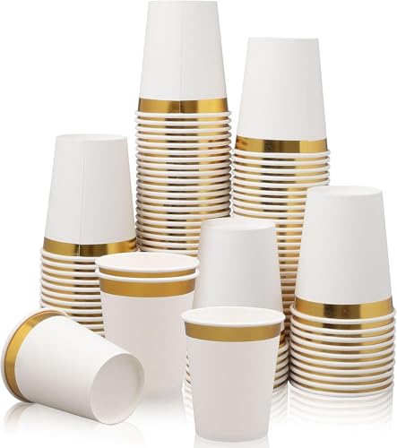 MALLOOM 200 Pièces Gobelets en Papier à Bord Doré, Gobelets en Papier Jetables de 270ml en Vrac...