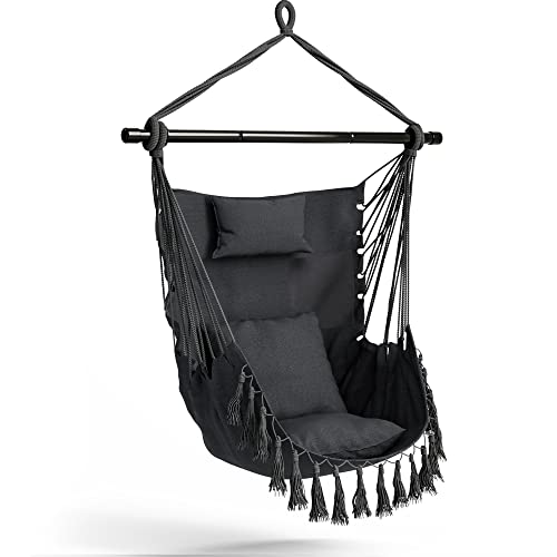 Giantex Hanging Chair Hammock Swing Chair - With Sturdy Steel Hanging Bar, Comfortable Headrest Pillow, 2 Cushions, Pocket Macrame Swing Chair For Bedroom, Living Room, Max 330 Lbs Swing Seat (Gray) #TOP17