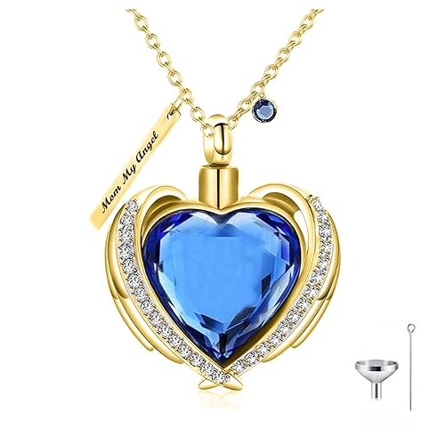 Solid Gold Heart Urn Necklace for Ashes 10K 14K 18K Real Gold Custom Cremation Urn Pendant Necklace with Blue Crystal, Personalized Memorial Keepsake Necklace for Women