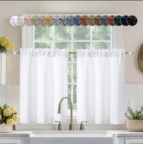 Image of Aiyufeng Pure White Curtains 36 Inches Long 2 Panels, Room Darkening Half Window Rod Pocket Privacy Short Curtains, Thermal Insulated Curtain Tiers for Kitchen Bathroom Shades, W40 x L36 Inch