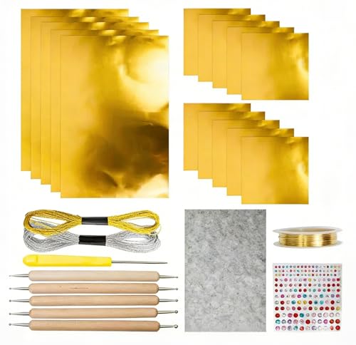 15pcs Gold Craft Foil Sheets Gold Foil Sheets for Embossing Decorative Metal Sheet Embossing Tools for Painting Gilding Crafting Decoration with 2 Rolls Wire (Gold Set)