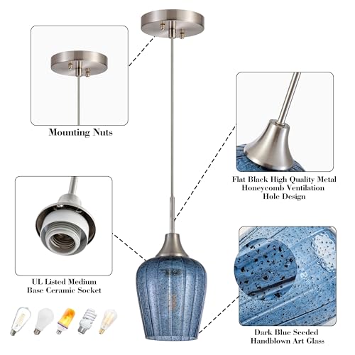Image of Viinew Mini Glass Pendant Light,1-Pack Tulip Blue Glass Hanging Light