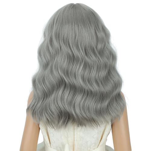 Image of PATTNIUM Gray Wig Short Curly Wigs with Bangs Grey Shoulder Length Wavy Heat Resistant Synthetic Wig