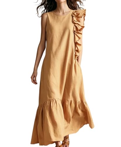 Robe longue d'été sans manches pour femme coupe ample asymétrique à poches