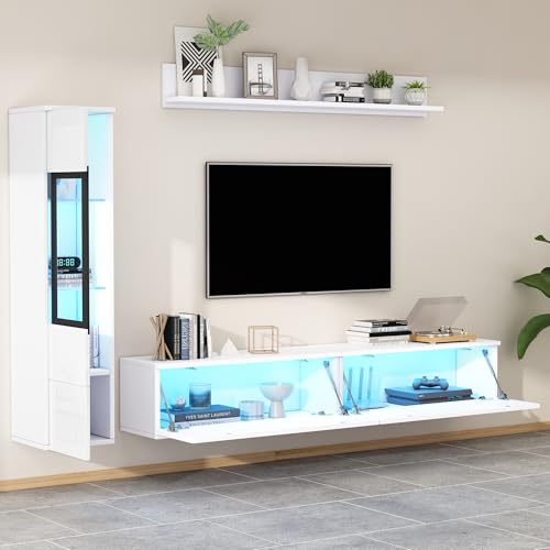 ZKLOEP Juego de 3 muebles de salón para TV, iluminación LED, color blanco brillante, 1 mueble de salón, 1 armario para TV, 1 vitrina para salón, 1 estante colgante