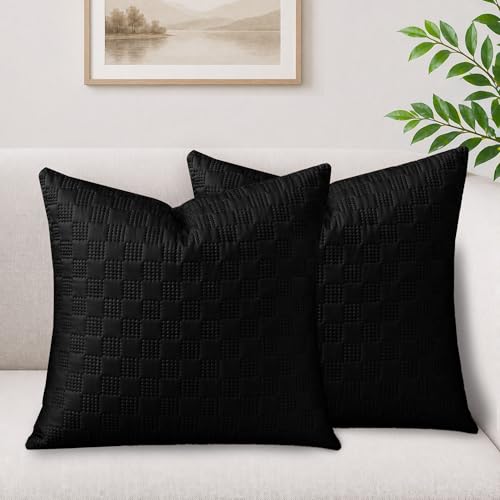Hafaa Cushions with Covers Included 45 x 45 cm Black 4 Pcs (2-Cushion Covers 2-Inserts) Ultrasonic Checked Velvet Square Throw Pillow Cases with Invisible Zipper for Home Decor Sofa Bedroom