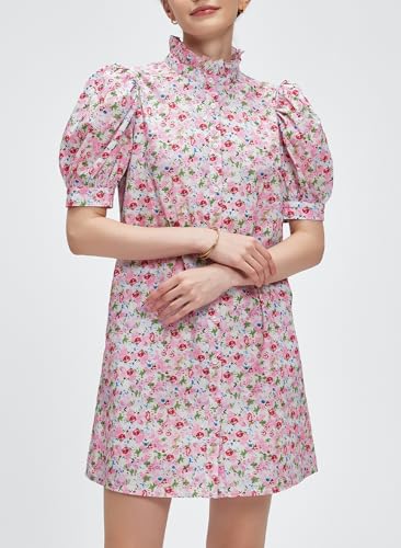 Image of Ladyful Women's Summer Floral Shift Short Sleeve Button Front Mini Dress | puff sleeve, ruffle stand neck, boho style, beach vocation, 100% cotton, loose fit, shirt sundress