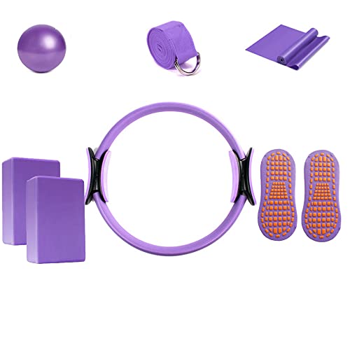 LTLCLZ 8Pcs Yoga Starter Sets Yoga Ball Magic Ring Pilates Circle Stretch Strap Yoga Blocks Non Slip Socks For Home Workout Fitness Kit,Purple