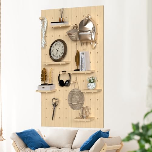 AMSXNOO Wood Pegboard Wall Organizer Panels, Wooden Pegboard Combination Wall Organizer Kit, Display Peg Board Panel Kits for Office Bedroom Livingroom Studyroom (Wooden Color, 31.5X47.2IN/80X120CM)