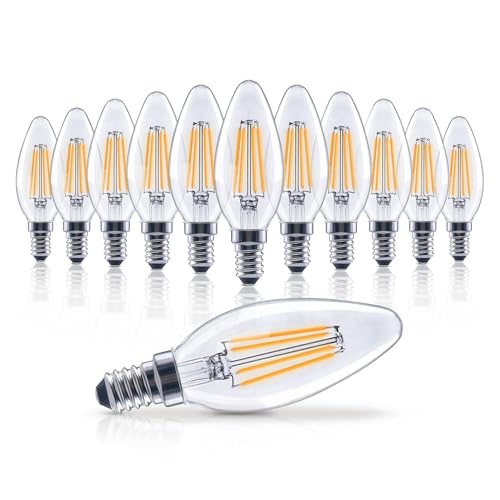 Image of KOR E12 Candelabra Bulbs, 12 Pack, Dimmable LED Candle Bulb, 60W Equivalent, 500 Lumens, 5.5W, 2700K Warm White, UL Listed, Vintage B11 Clear Glass Filament Light Bulbs for Chandelier, Ceiling Fans