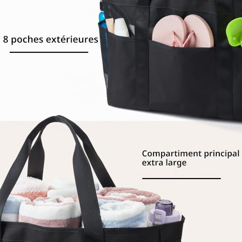 KALIDI Sac de plage XXL en maille avec fermeture éclair pour femme, grand sac de bain, sac de plage, sac de courses pour les voyages, le shopping et la vie quotidienne, mat, xxl – vue 3
