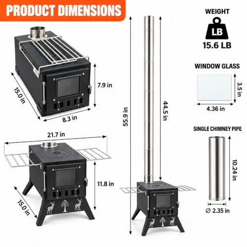 Camping Wood Stove, Hot Tent Stove with 5-Piece Chimney, Smoke-Control - Image 2
