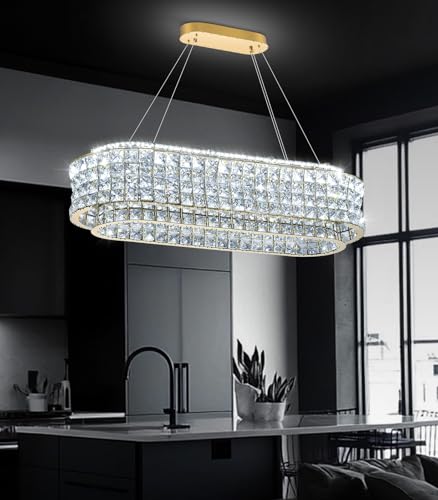 Image of L32 x W12 Modern Chandeliers for Dining Room LED Dimmable Pendant Lighting Ceiling Chandelier Crystal Rectangle Light Fixtures Gold