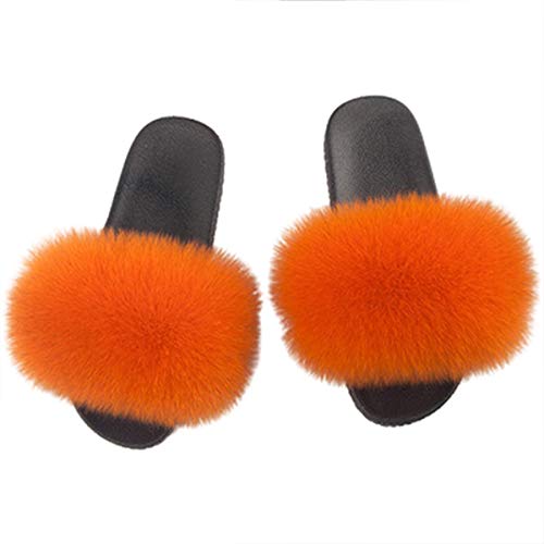 Zapatillas de Piel Mujer, Chanclas de Pelo Mujer, Mullidas Piel Sintética Suave Pantuflas Verano, Antideslizantes Sandalias para Interior y Exterior Orange-36/37 EU