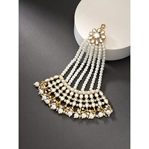 Image of Peora Gold-Plated & White Kundan Pearl Studded & Beaded Jhumar Passa Jewellery