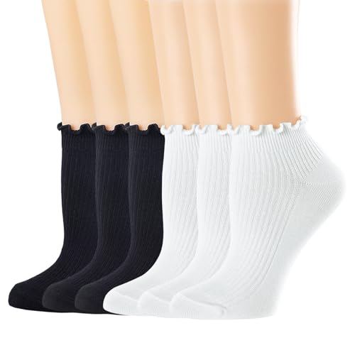 Image of Mcool Mary Womens Ankle Ruffle Socks Casual Cotton Frilly Breathable Cute Knit Lettuce Trim No Show Socks 6 Pack