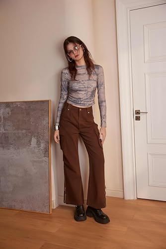 CIDER Women’s Round Neck Tie Dye Ruched Long Sleeve Fitted Crop Top Graphic Y2K Grunge Shirts2