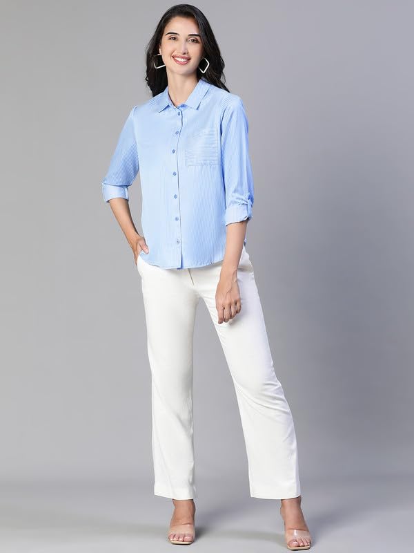 Image of oxolloxo Women Soild Collared with Chect Pocket Cotton Shirt