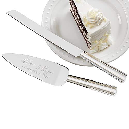 Personalization Universe Personalized Elegant Couple Engraved Silver Wedding Cake Knife & Server Set, Customizable with Names and Message, Cake Cutting and Serving Set