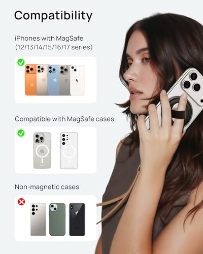 Image of SODI Magnetic Phone Ring Holder Grip with 3 Detachable Finger Straps, N52 Strong Magnet Phone Holder for Hand, Cell Phone Grips for Back of Phone & Kickstand Compatible with iPhone 17 16 15 14 13 12