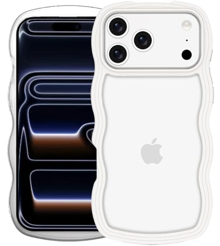 Image of GoldKart iPhone 17 Pro Case Wavy Edge Clear Back Design, Anti-Slip Grip Cute Wave Curly Frame Shape Shockproof Soft TPU & Hard PC Bumper Protective Phone Case Cover for Women Girls - White