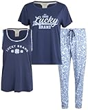 Picture of Lucky Brand Women's Pajamas - 3 Piece Hacci Sleepwear Top, T-Shirt, and Joggers (Size: S-XL), Indigo Blue, Large