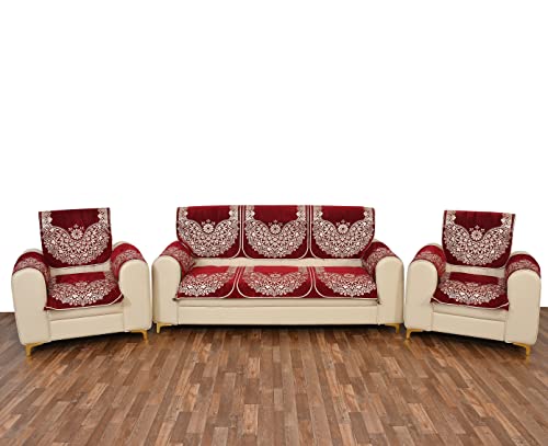 Image of 5 Seater Sofa Cover (3+1+1) with Arm Covers - Premium Stretch Fit, Soft & Durable Couch Protector Soft Fabric Sofa Slipcover (Maroon)