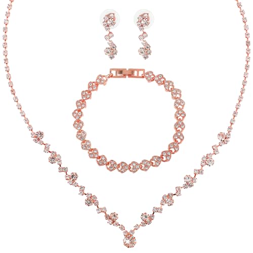 Yolev Bridal Wedding Jewelry Set Rhinestone Include Necklace Earrings Bracelet Brides Bridesmaid Prom Costume for Women (Rose Gold)
