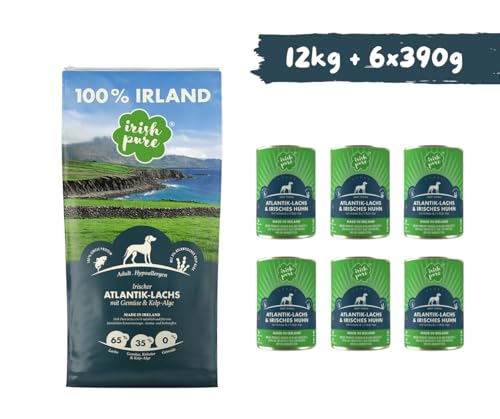 Irish Pure Atlantik Lachs Adult - Hundefutter - 12kg + 6x390g - getreidefreies Trockenfutter & Nassfutter – hypoallergen mit Kelp-Alge & Gemüse – Single Protein – natürlich & sensibel - Sparpaket