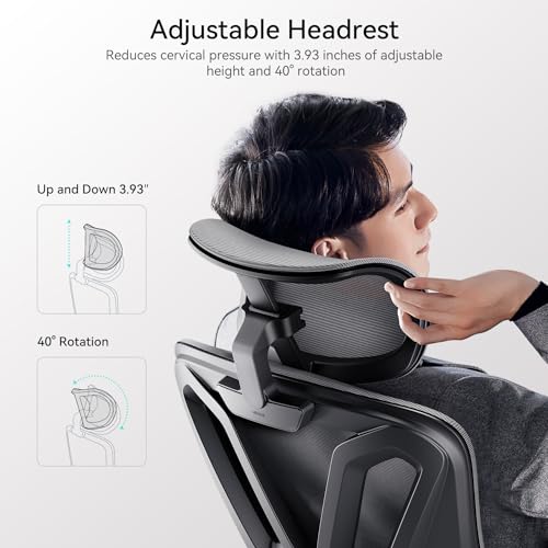 Hbada Ergonomic Office Chair, Desk Chair with Adjustable Lumbar Support and Height, Comfortable Mesh Computer Chair with Footrest 2D Headrest, Swivel Tilt Function Grey