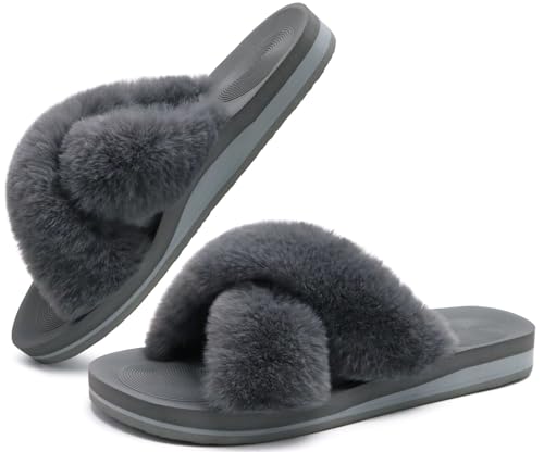 Image of COFACE Womens Fuzzy Slides Fluff Faux Fur Cross Slippers Open Toe Yoga Mat House Slipper Sandals With Arch Support For Indoor /Outdoor