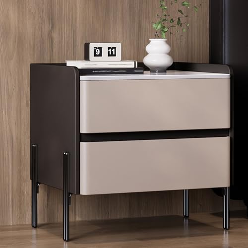 Image of Nightstands with High Legs, Modern Bedside Table with 2 Drawers, Rock Board Design, Leather Finish for Bedroom, Dorm, Office, Easy to Clean