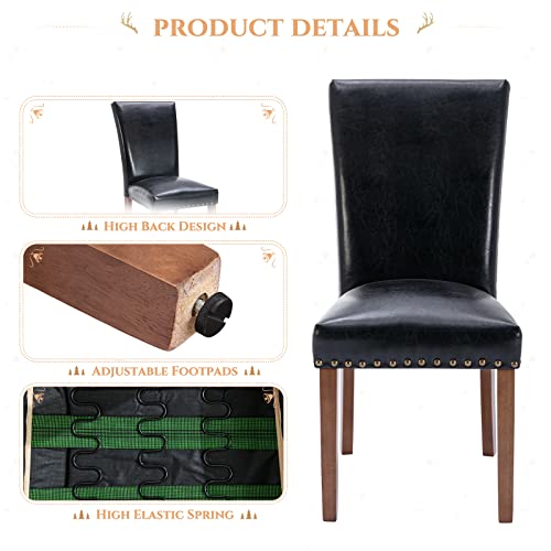 Image of Parsons Dining Chairs Set of 6, Upholstered Nailhead PU Leather Dining Room Kitchen Side Chair with Thick Cushions and Wood Legs, Black