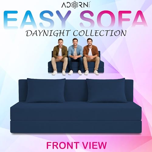 Image of Adorn India Easy 3 Seater Sofa Cum Bed | Velvet Fabric | Blue | Plain Design | 6x5 Ft | Comfortable Seating | Washable Cover | Perfect for Home & Office