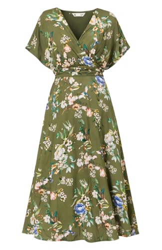 Image of Yumi Sage Green Viscose Floral Print Midi Dress with Ruched Waist (UK, Numeric, 14, Regular, Regular, Sage Green)