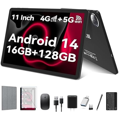 2025 Latest 11 inch Tablet, Android 14 Tablets with 16GB RAM 128GB ROM 1TB Expandable, Dual 4G Cellular Tablet with Keyboard, 8000mAh Battery, Octa-Core Tablet with 21 MP Camera, 11" Incell HD Tablet Cover
