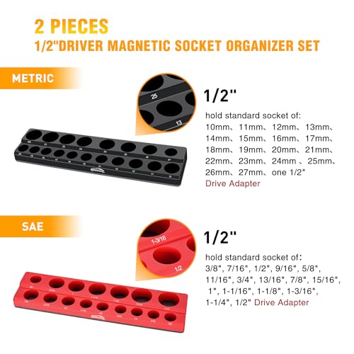 Image of GOOACC 1 /2 inch Magnetic Socket Organizer Set, 2 Pieces Metric & SAE Socket Drive Holders, 1 /2 inch Drive Socket Organizer Trays Holds 35 Standard Sockets for Tool Box