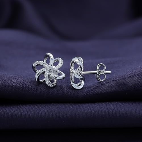 Natural Diamond Accent Spiral Flower Stud Earrings For Women (1/10 cttw, I-J Color, I2-I3 Clarity) Choose - Sterling Silver or 10K gold4