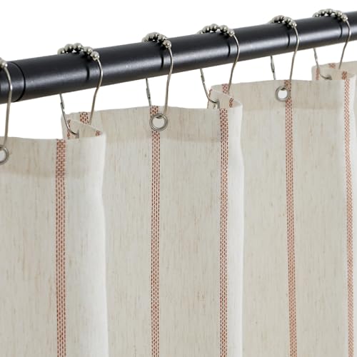 PROCIDA Linen Blend Shower Curtain-Terracotta and White Eyelet Striped, 72x72 Inch Yarn Dyed Eyelet Fabric Bathroom Curtain with 12 Metal Hooks, Bath Curtain for Modern Farmhouse Bathrooms