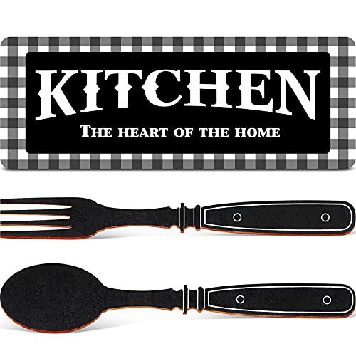 Jetec Kitchen Sign Buffalo Plaid Kitchen Decor Black and White Wall Decor Wooden the Heart of the Home Sign Black and White Checkered Fork and Spoon Vintage Wall Decoration for Farmhouse Restaurant