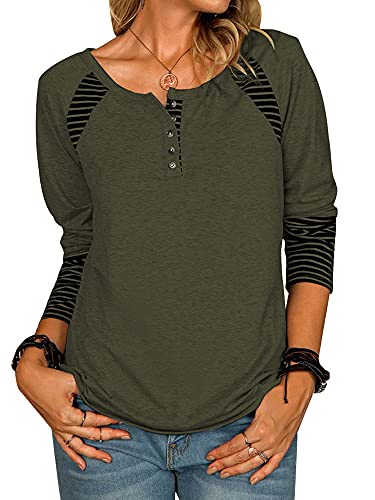 Camiseta Casual Mujer Top Suelto a Rayas Cuello Redondo Blusa Otoño de Manga Larga Botones Decorado Camiseta Pullover Elegante de Moda (Verde, XL) Cover