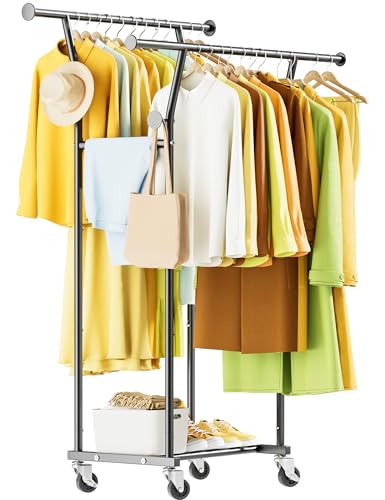 Double Rods Clothes Rack, Rolling Clothing Rack with Wheels, Metal