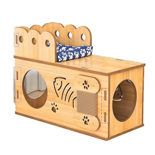 Qobvoeh 猫ハウス 木製 猫ベッド キャットハウス 猫ハンモックと厚手のクッション付き 冬用 夏用 猫小屋 ペットハウス 猫用 可愛い 組立簡単 安心安 木目調 (60cm)