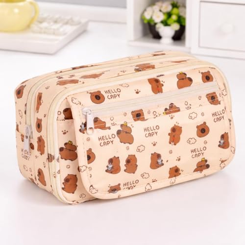 Image of Pencil Pouch for Girls - Aesthetic Multi-Compartment Zipper Pouch with Drawstring Pocket, Cute Kawaii Pencil Case, Stylish Stationery Pouch, Return Gift for Kids & School Use (Hello Capy)