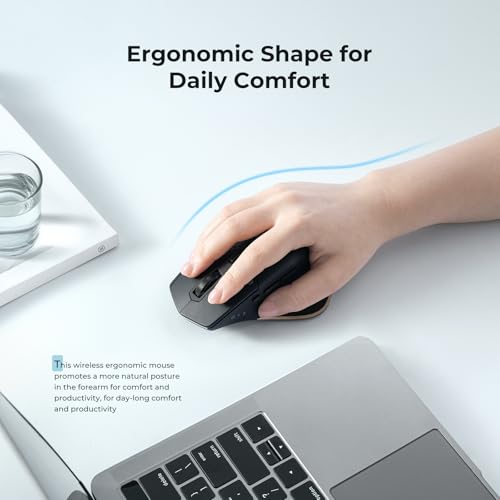 iClever Bluetooth Maus, Rechargeable Ergonomiche Maus Kabellose Mouse, Wiederaufladbarer Akku, Multi-Device, 800/1200 / 1600/2000 / 2400 DPI,7 Buttons for PC/Laptop/Tablet/MacBook, Schwarz – Bild 4