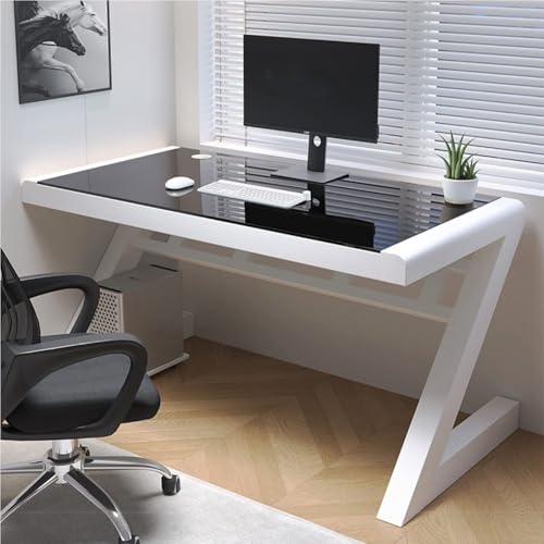 Escritorio moderno en forma de Z, marco de metal de 39 pulgadas, parte superior de vidrio templado, elegante oficina en casa y muebles de juegos para estudiantes y profesionales