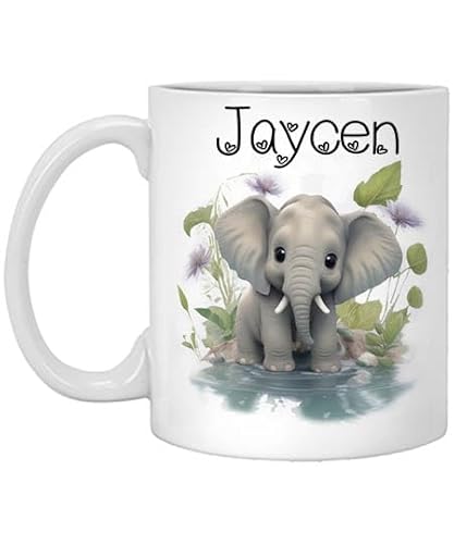 Baby Elephant Personalized Coffee Mug, Custom Watercolor Mug with Name, Gift for Boy, Birthday Gift for Him Name Jaycen 11oz White Mug Elephant Name Boy, Mug for Kids 915700