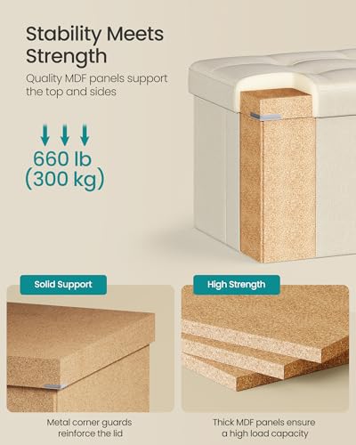 Image of SONGMICS MAZIE Collection - 43 Inches Folding Storage Ottoman Bench, Ottoman Foot Rest, End of Bed Bench, Storage Chest, Load 660 lb, for Living Room, Bedroom, Entryway, Cream White ULSF77BE