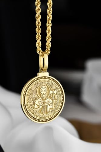 Collier pendentif rond gravé Oslo argent 925 plaqué or 28 mm chaîne 45 cm homme femme LKBEADS